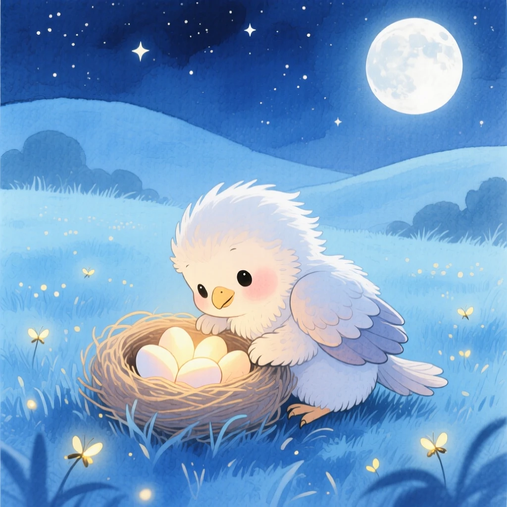 A curious baby griffin curling protectively around a nest of glowing eggs, in a moonlit meadow dotted with fireflies, radiating gentle magic and wonder.