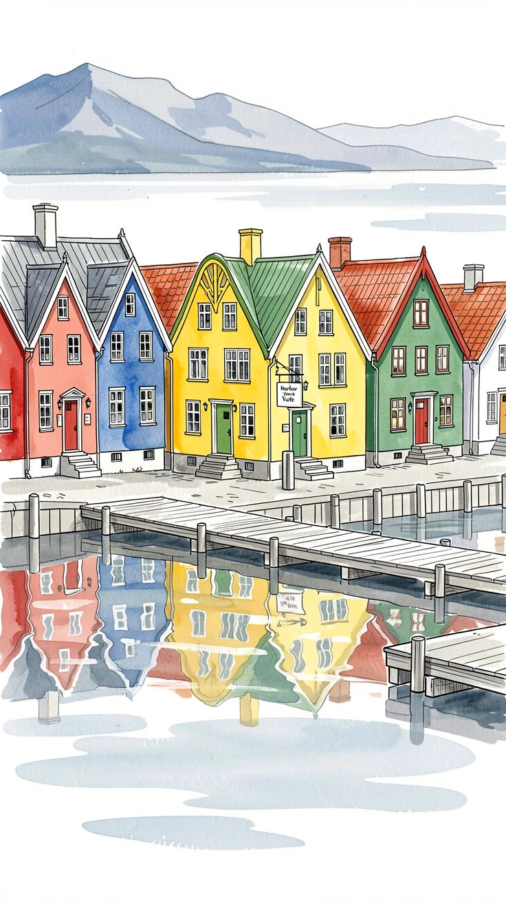 A colorful row of houses reflected in a still Nordic harbor, distant mountains or sea visible beyond the rooftops.