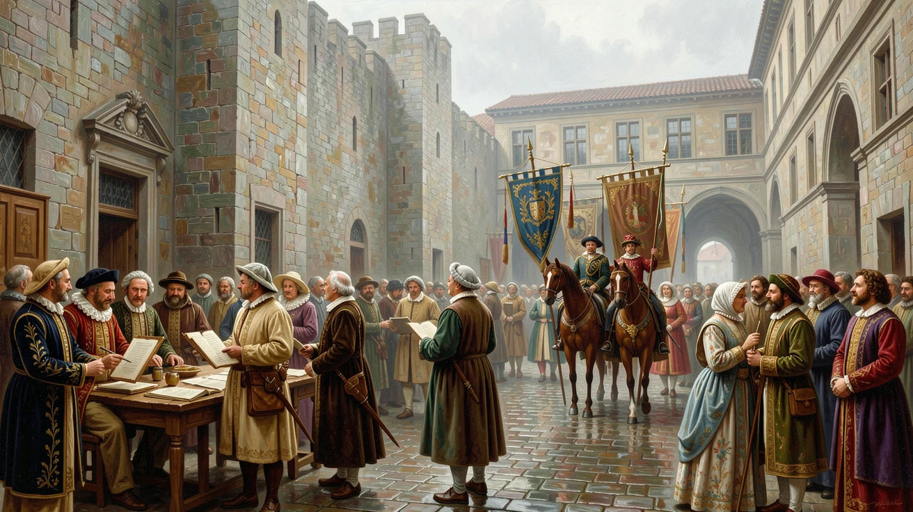 Beneath towering stone city walls, a grand Renaissance courtyard filled with artists and scholars, townsfolk gathering to watch a passing procession, on a misty, overcast morning.