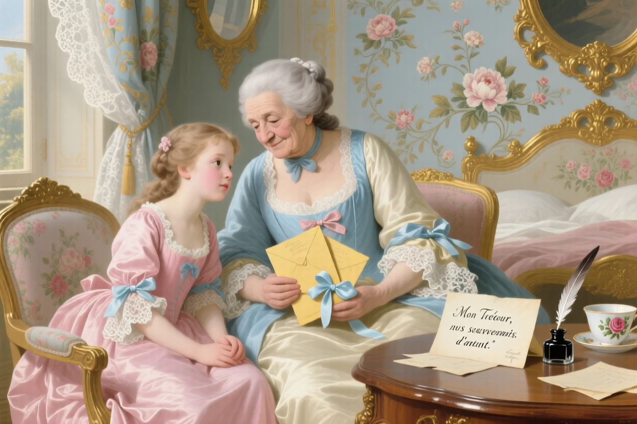 A girl sitting beside her grandmother as they look through old letters  