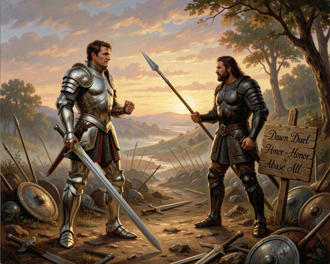 A noble warrior faces down a duel against a rival champion as dawn breaks over the battlefield.