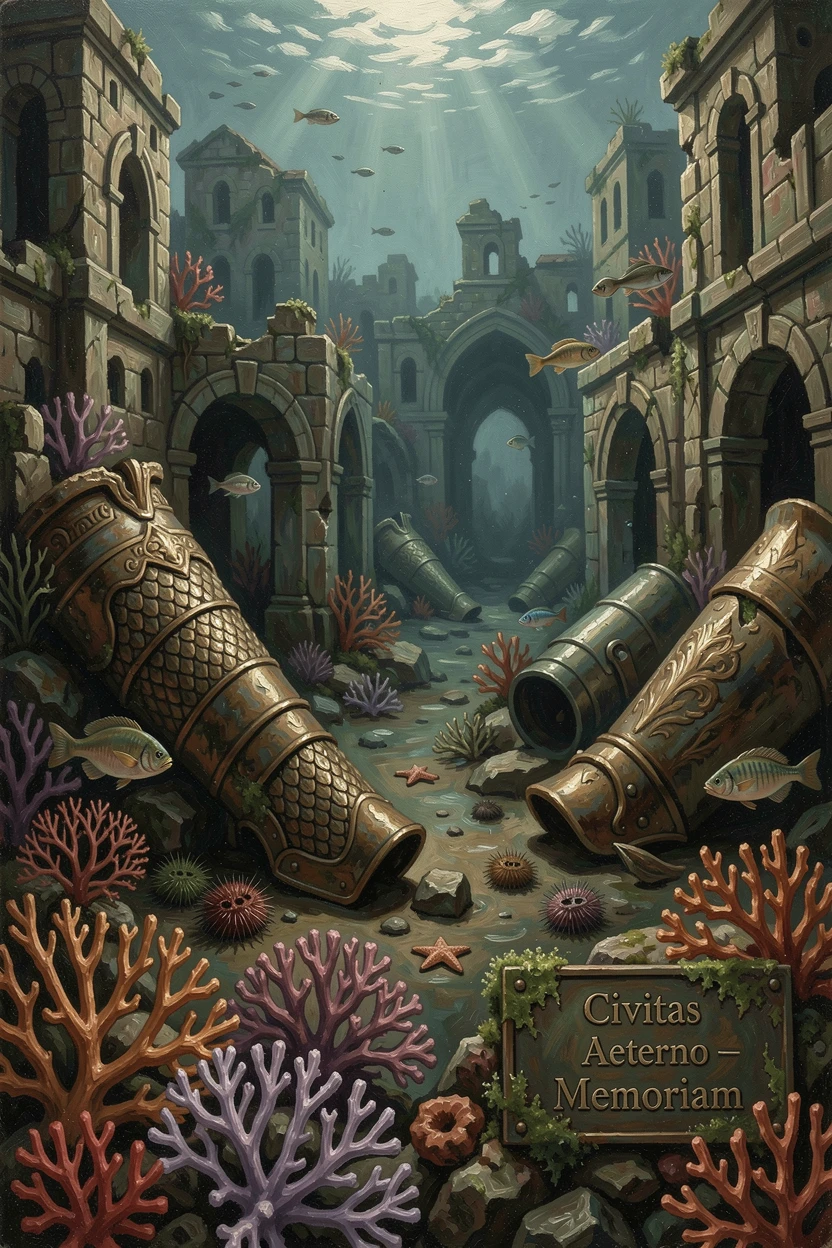 A sunken city slowly being reclaimed by coral and sea life, with intricate textures on armor, scales, or ancient stone, designed to captivate the imagination while feeling grounded in realism