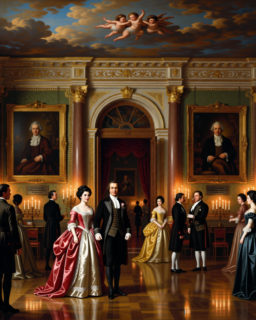 A count and countess receiving guests at a candlelit ballroom entrance as candlelight flickers across polished floors, set beneath a painted ceiling depicting cherubs and clouds, with portraits of ancestors watching from gilded frames; rich architectural framing lends grandeur without crowding the figures, radiating celebration, elegance, and social grace.