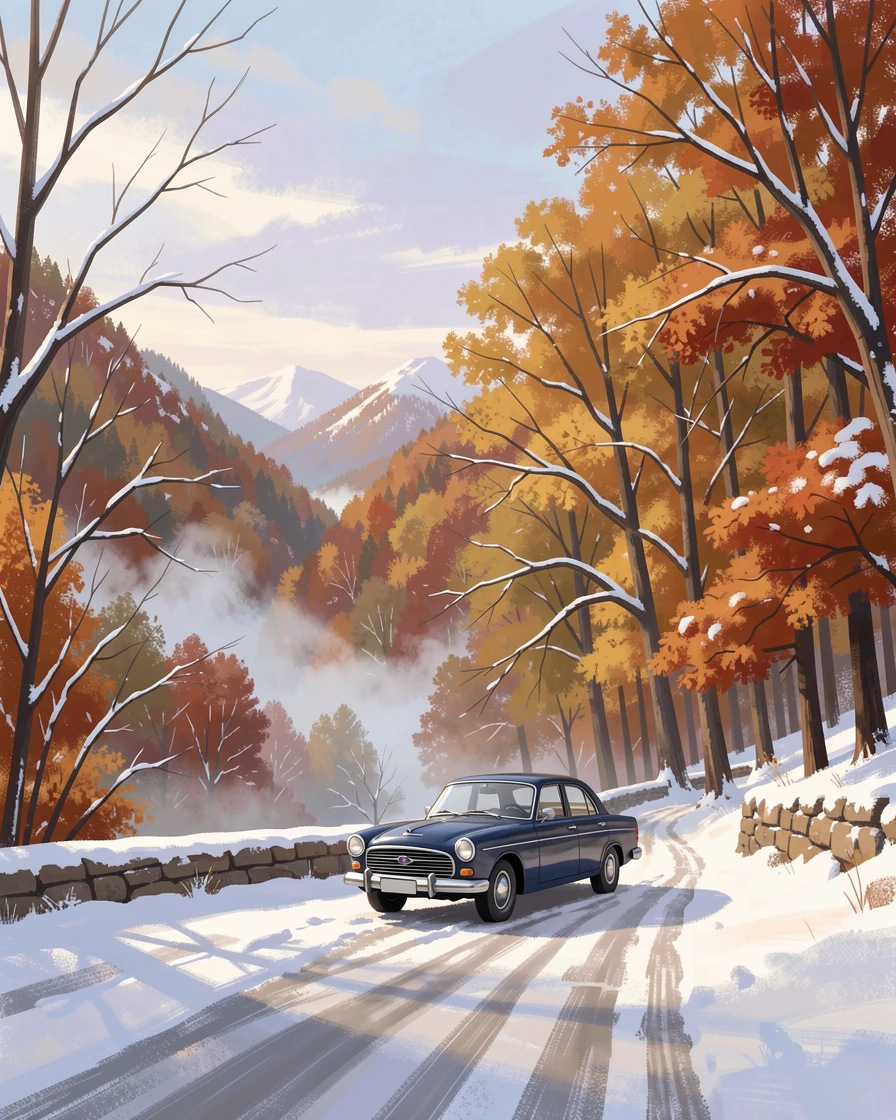 A mountain pass road winding through autumn-colored forest, a vintage car parked at a scenic overlook, under a fresh blanket of snow, evoking timeless charm and quiet elegance.