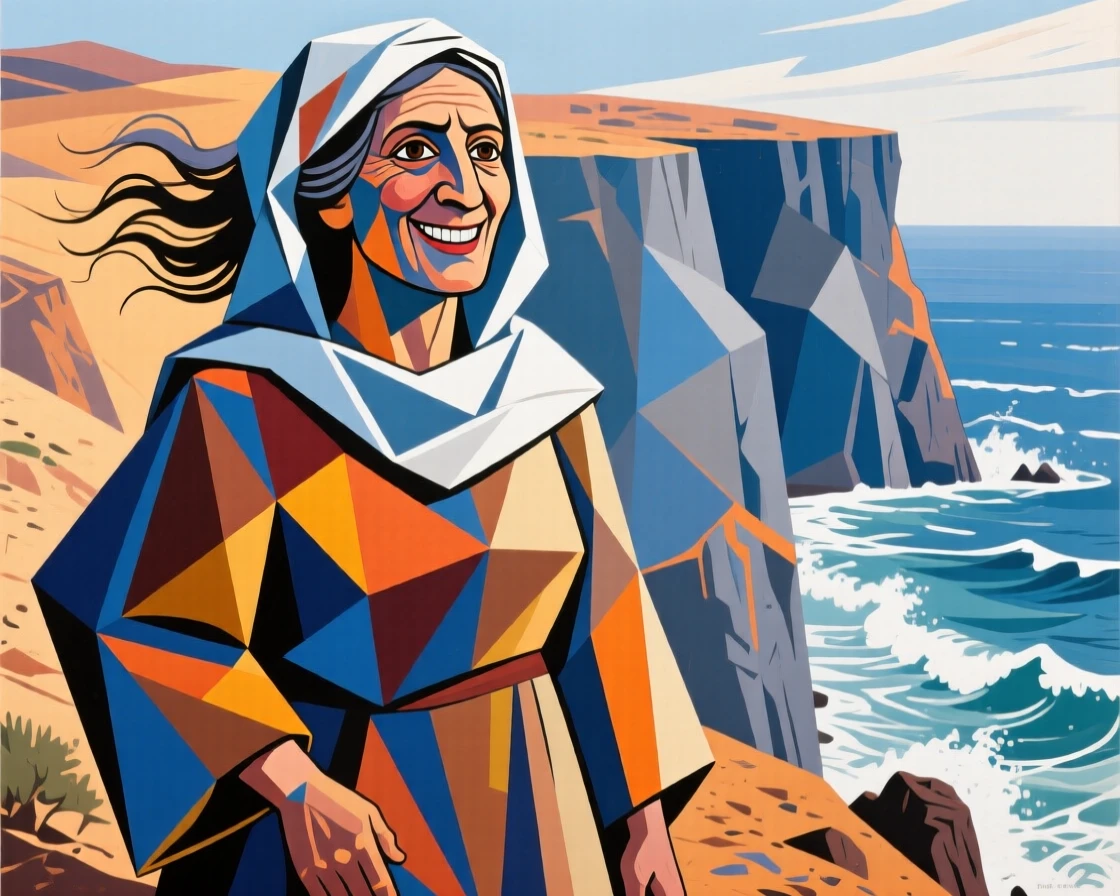 A medium shot of a middle-aged woman of Bedouin heritage beaming with triumph, on a windswept coastal cliff.