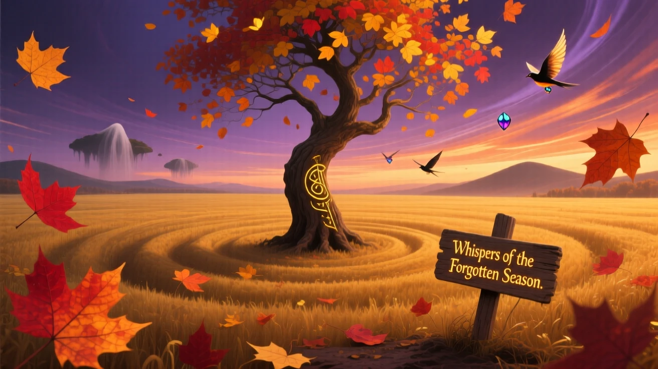 A golden autumn field swept by a slow spiral of falling leaves moves slowly across a horizon streaked with fading light, while a single tree stands untouched at the center of it all.