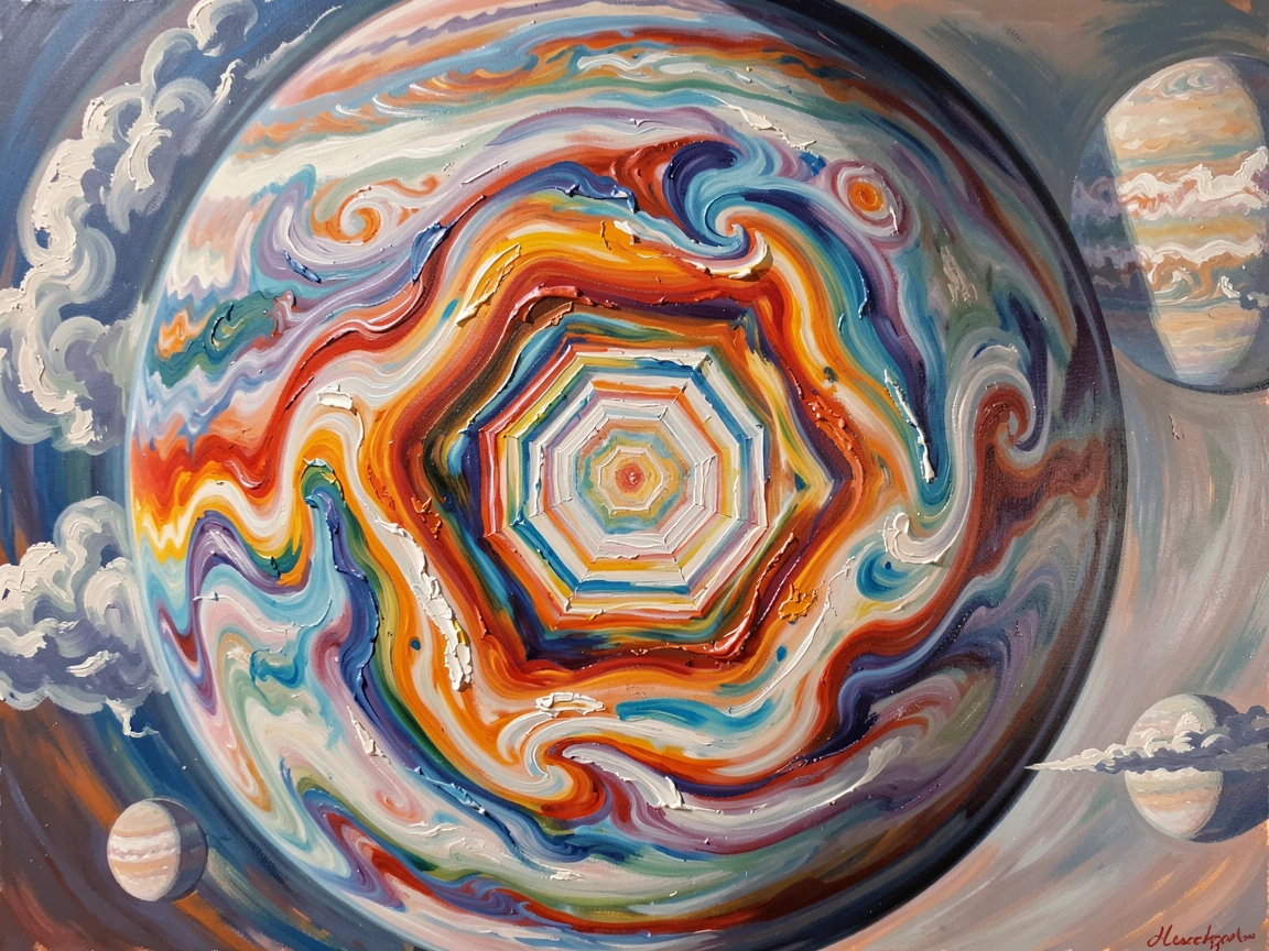 A colorful gas giant's swirling storms are captured up close, a massive hexagonal storm pattern visible at its icy pole, distant elements hinting at a much larger world extending beyond what is visible.