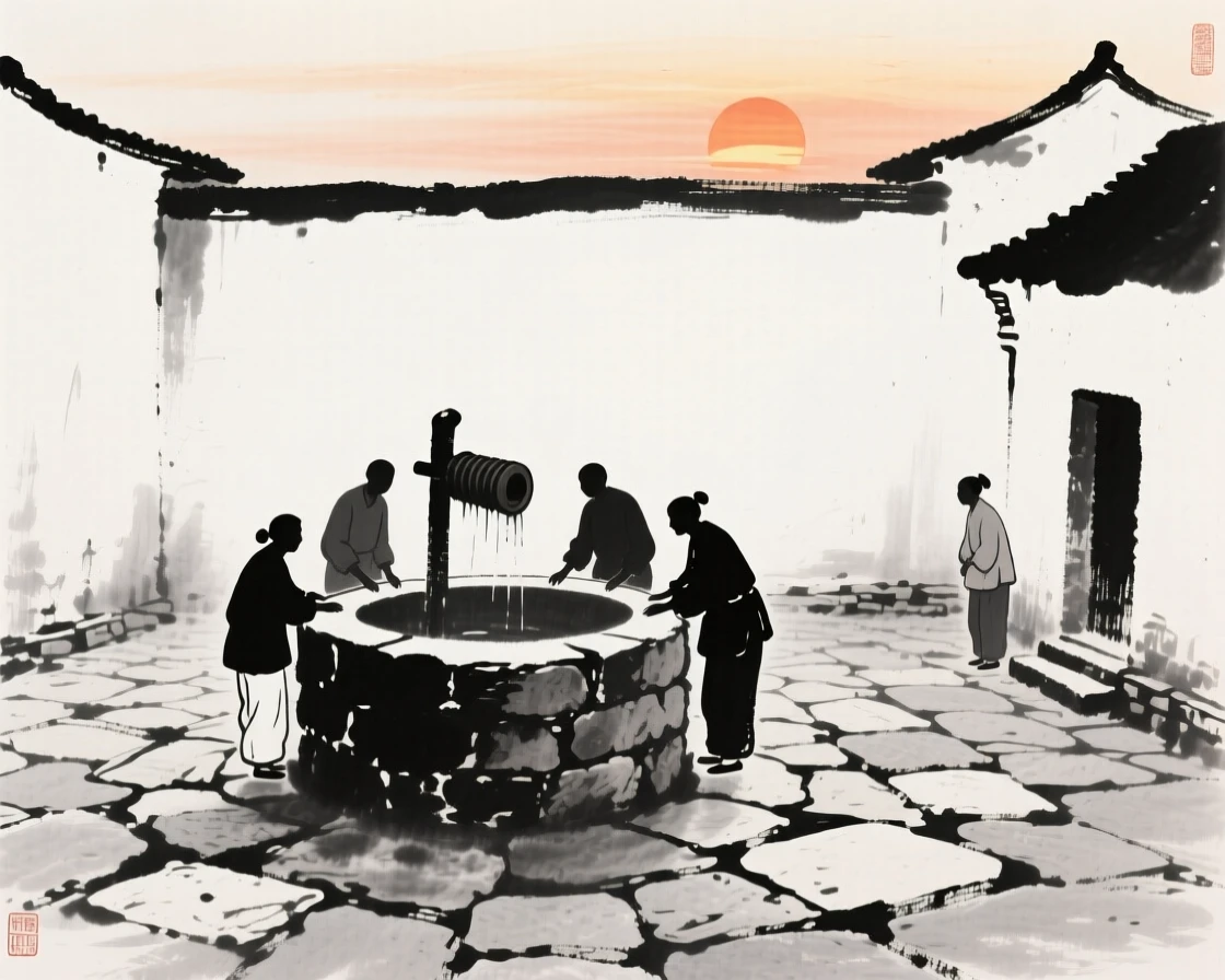Villagers gather at a well in the center of a quiet stone courtyard, beneath the warm light of a setting sun.