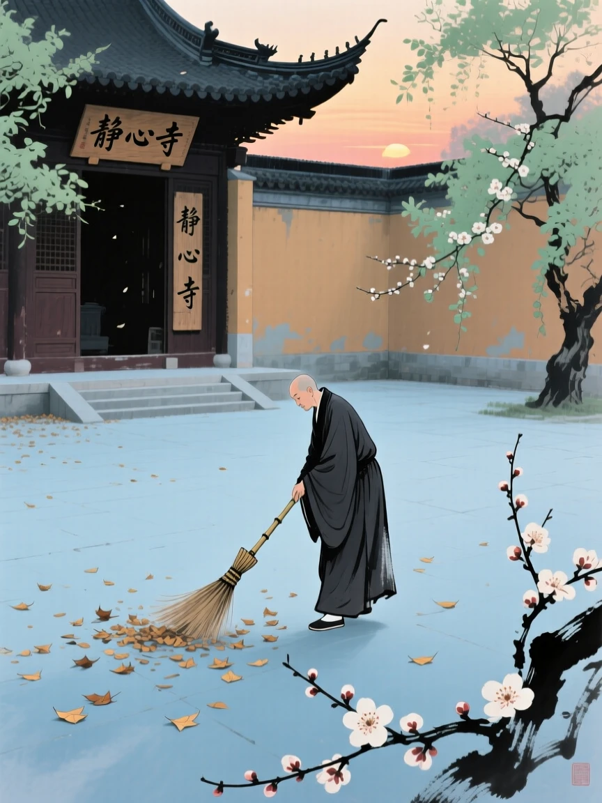 A monk sweeping fallen leaves from a temple courtyard, at dusk, in early spring, conveying a deep sense of harmony with nature.
