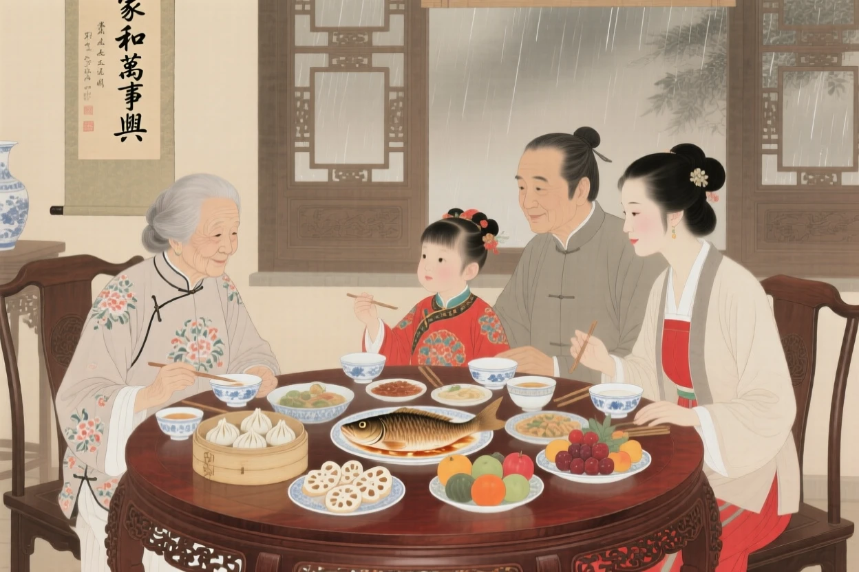 Three generations of a family gathered around a table for a festival dinner, as soft rain begins to fall