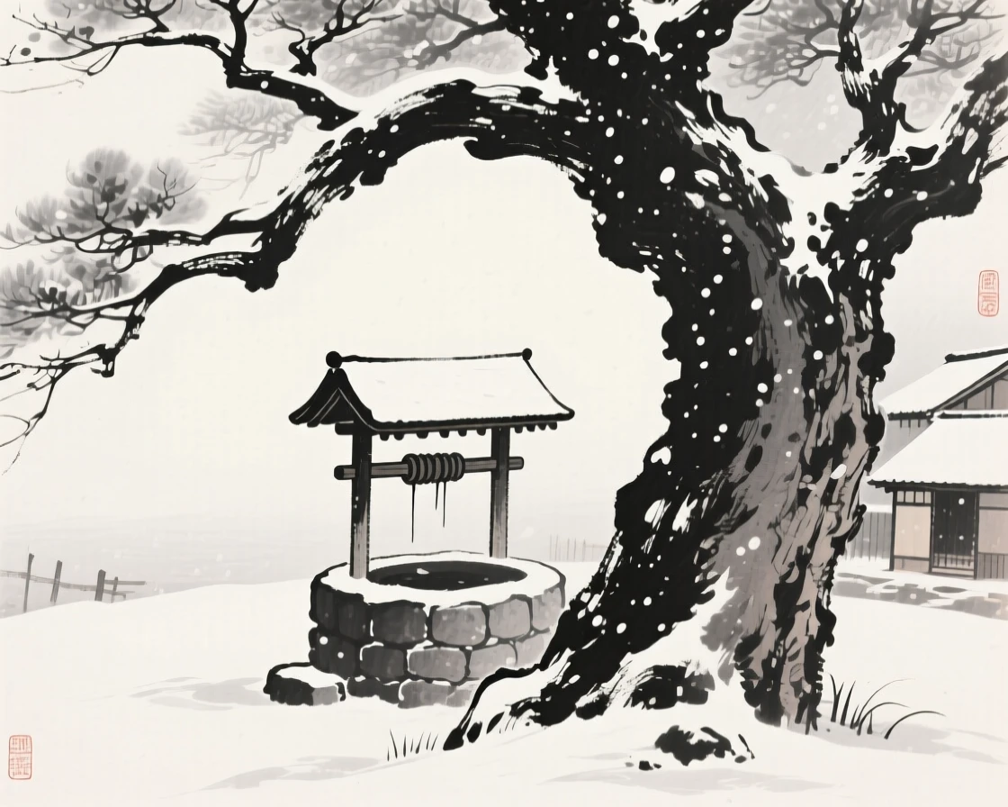 A quiet village well beneath an old tree beneath a canopy of falling snow, viewed from below to emphasize its quiet grandeur, carrying a sense of sacred stillness.