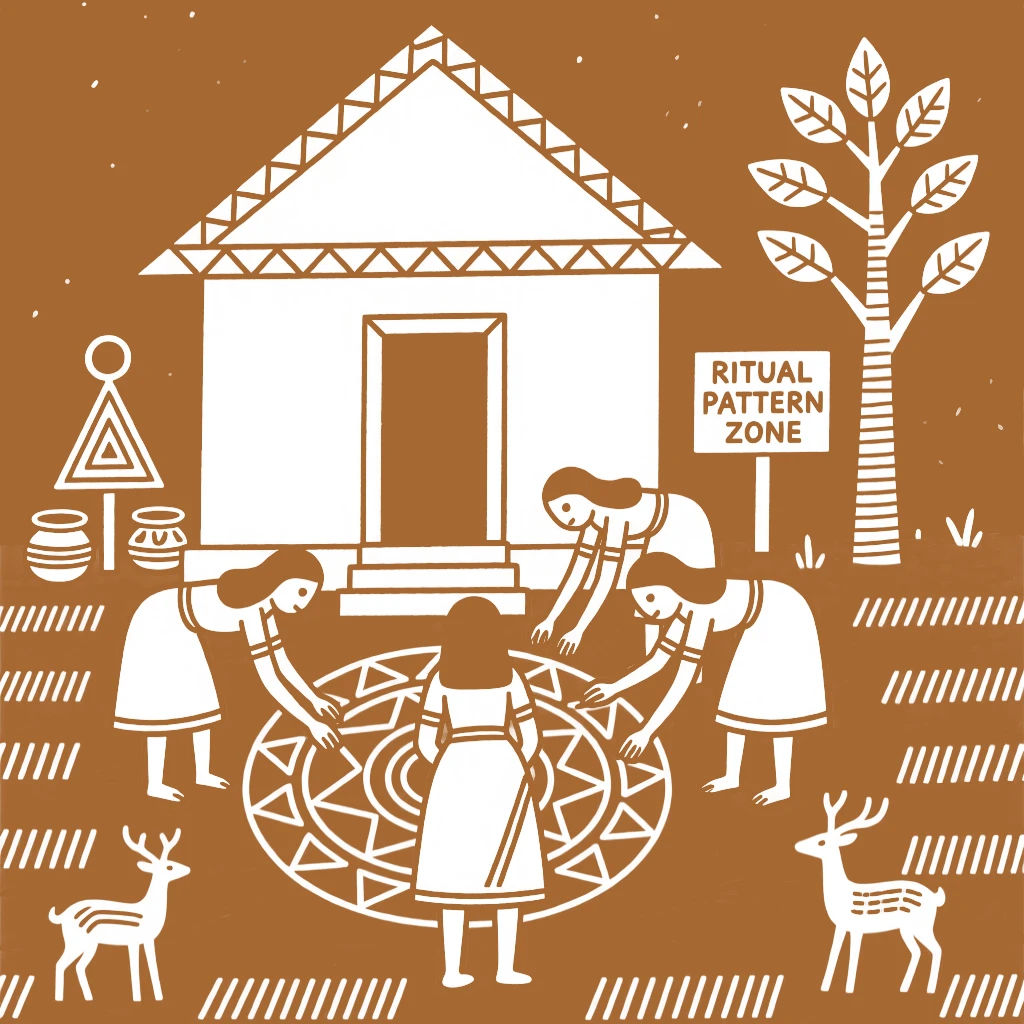 A group of women drawing a ritual pattern at their doorstep inside a modest village temple.