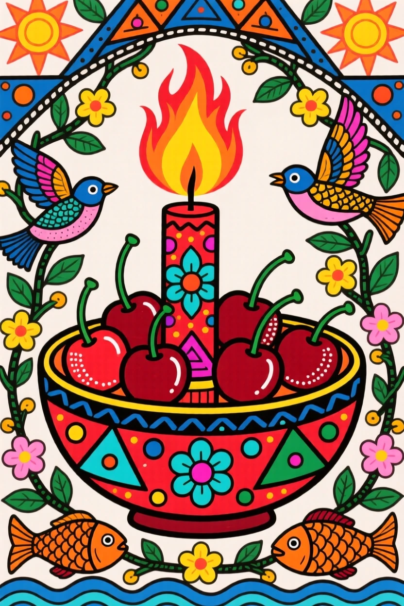 A single candle glowing beside a bowl of fresh cherries.
