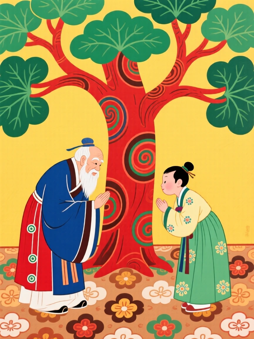 An old scholar and a young student bowing to one another beneath a tree, symbolizing respect for wisdom.