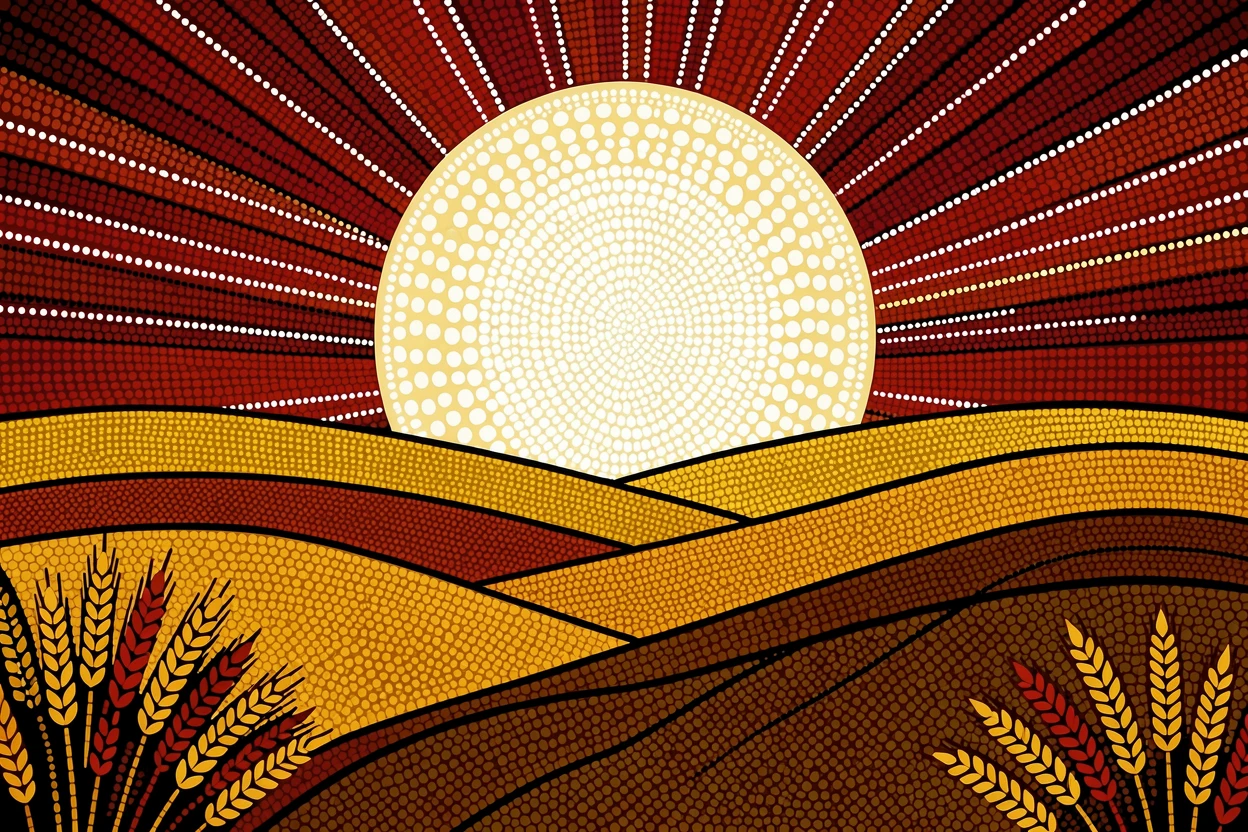 A harvest moon rising over golden fields