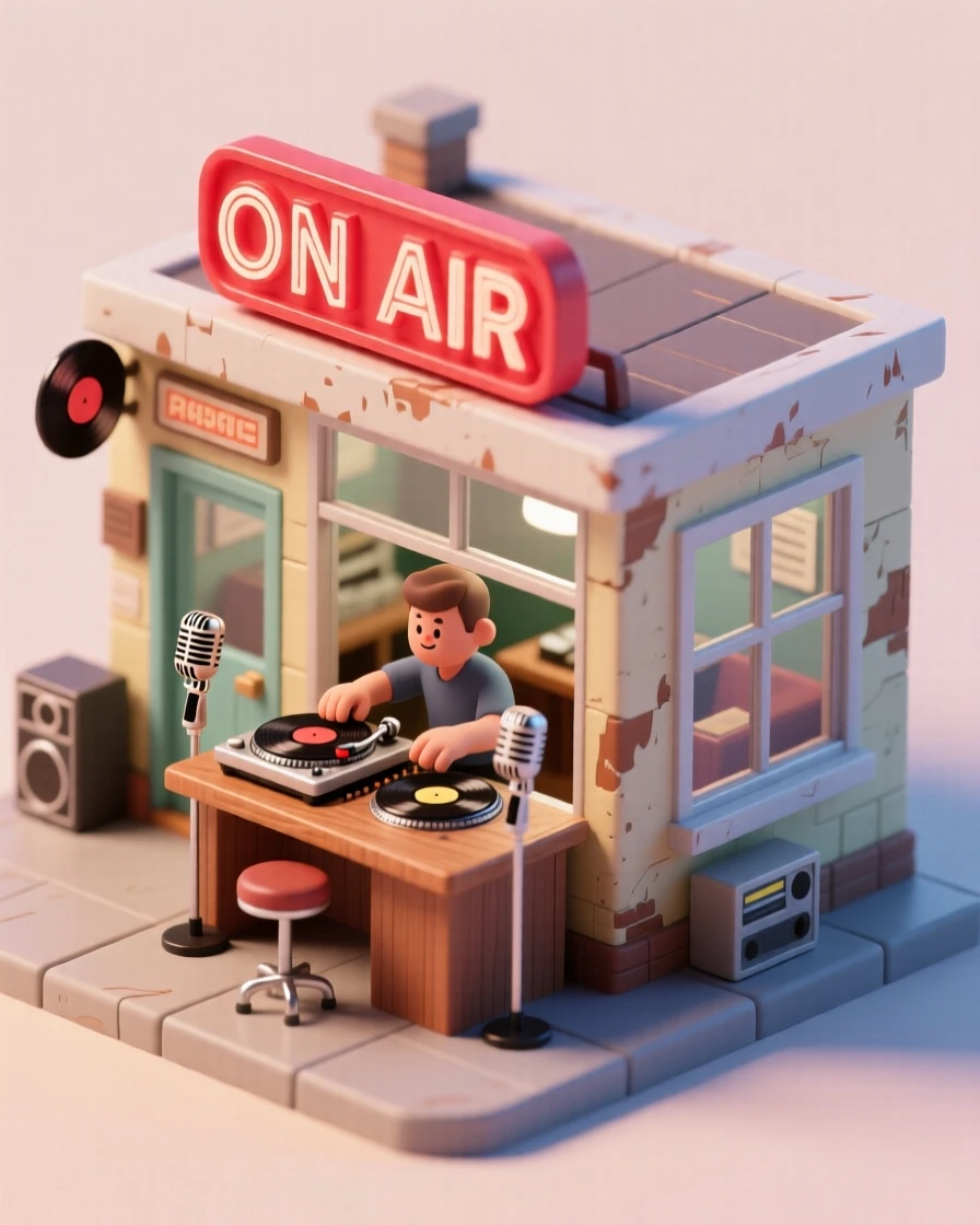 A charming small-town radio station with an on-air light glowing, a DJ spinning vinyl records, and vintage microphones on the desk.
