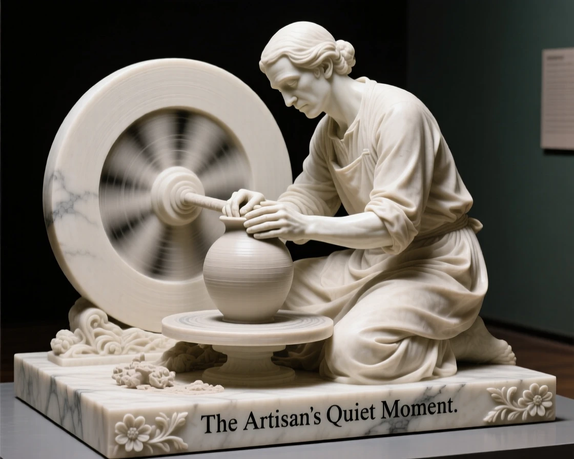 A vivid, emotionally rich scene of a potter shaping clay on a spinning wheel, in a moment of quiet stillness, designed to captivate and inspire