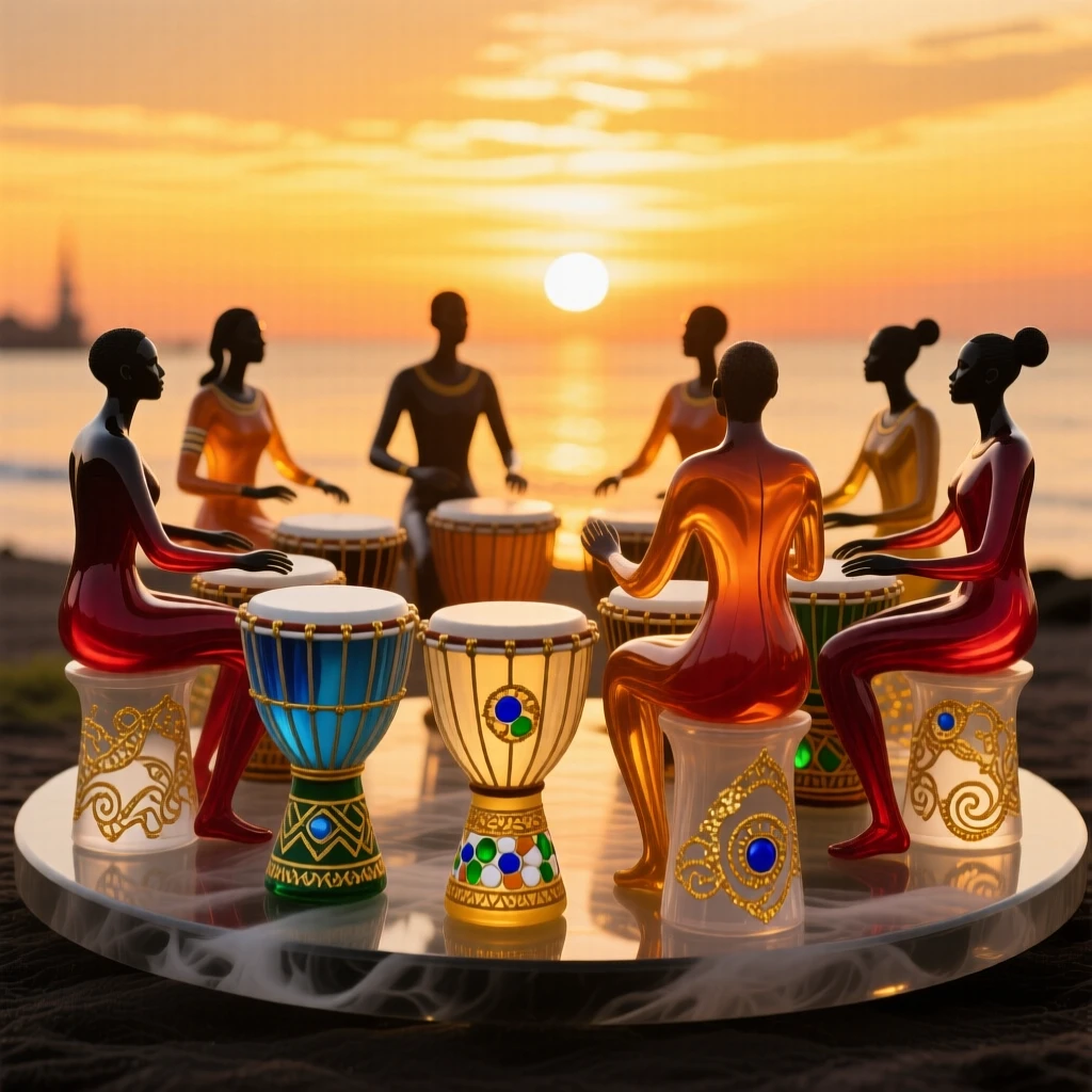 A traditional African drum circle silhouetted against a golden sunset, rhythmic and communal.