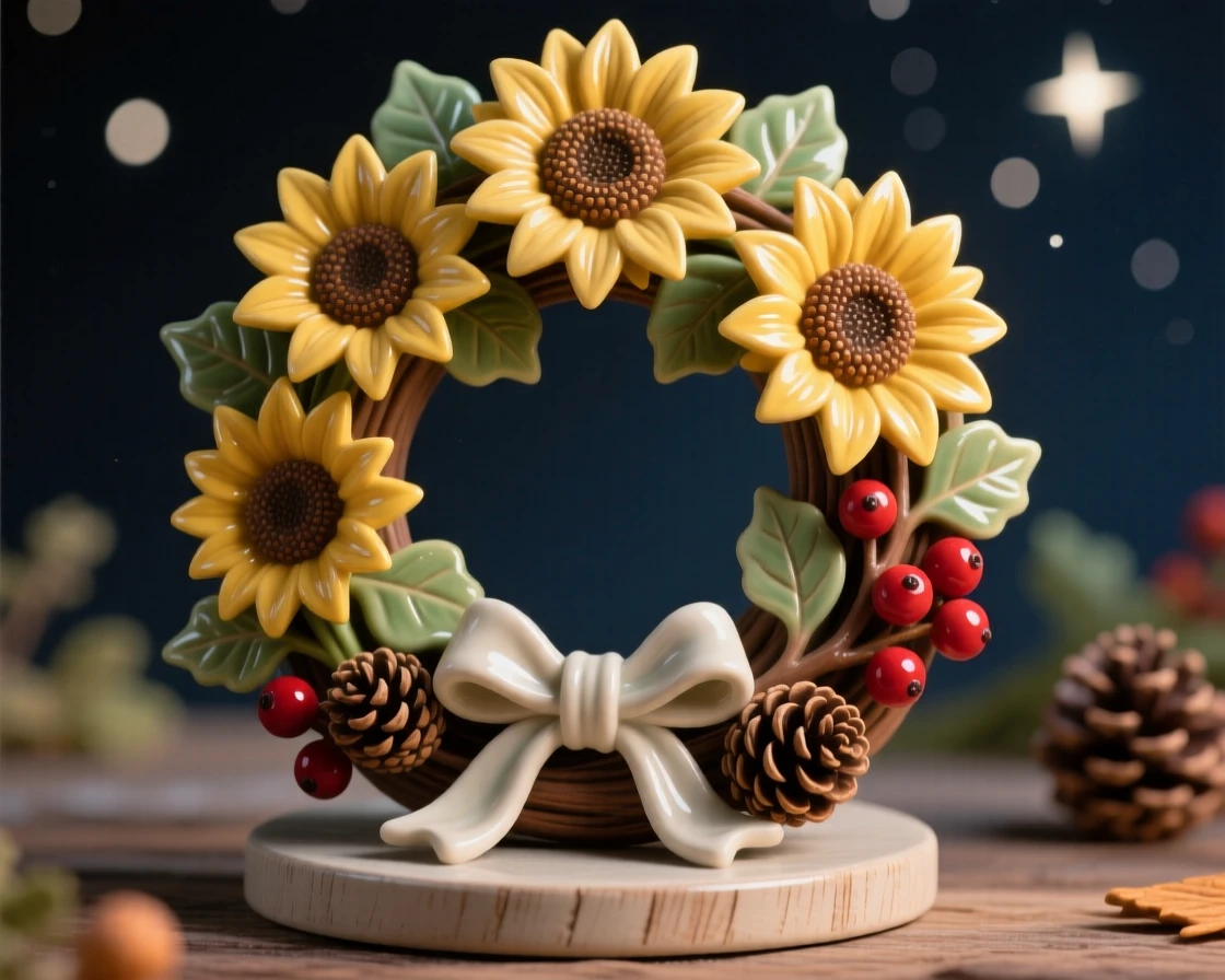 A summer sunflower wreath tied with ribbon posed amid seasonal decorations, glowing softly under a starlit sky, radiating cheerful holiday spirit.