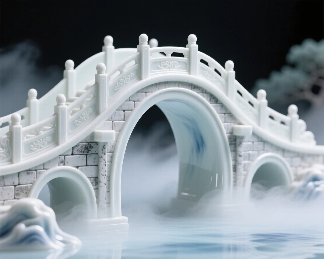 A grand view of an ancient stone bridge, wrapped in soft morning mist.