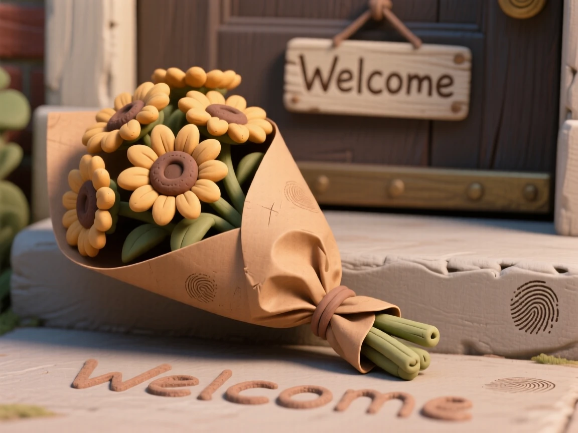 A bouquet of sunflowers wrapped in brown paper on a doorstep