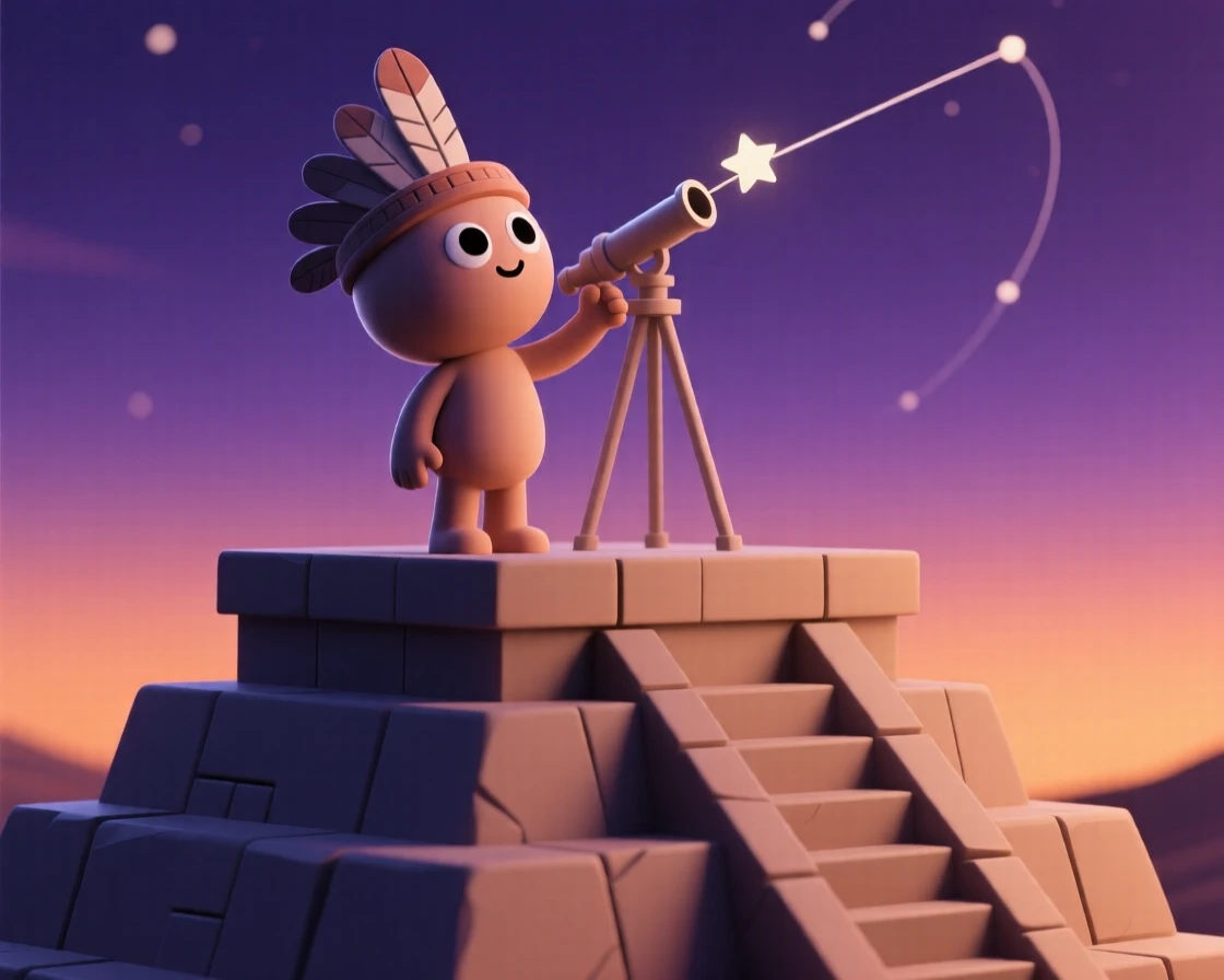 A proud ancient Mayan astronomer studies the stars from atop a stepped stone pyramid at twilight.