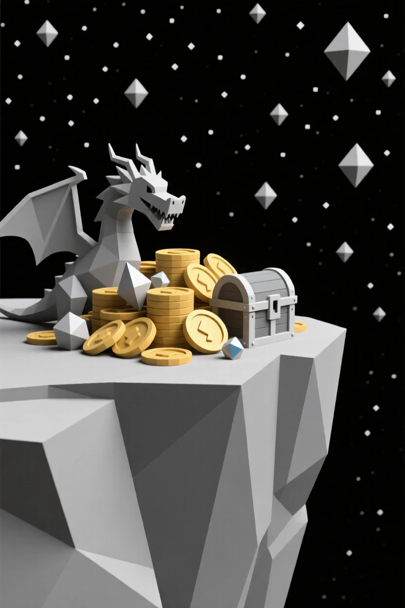 A dragon's hoard of glittering treasure, atop a cliff overlooking an endless starry sky. the scale of the scene emphasizes its grandeur. The mood is mysterious yet inviting.