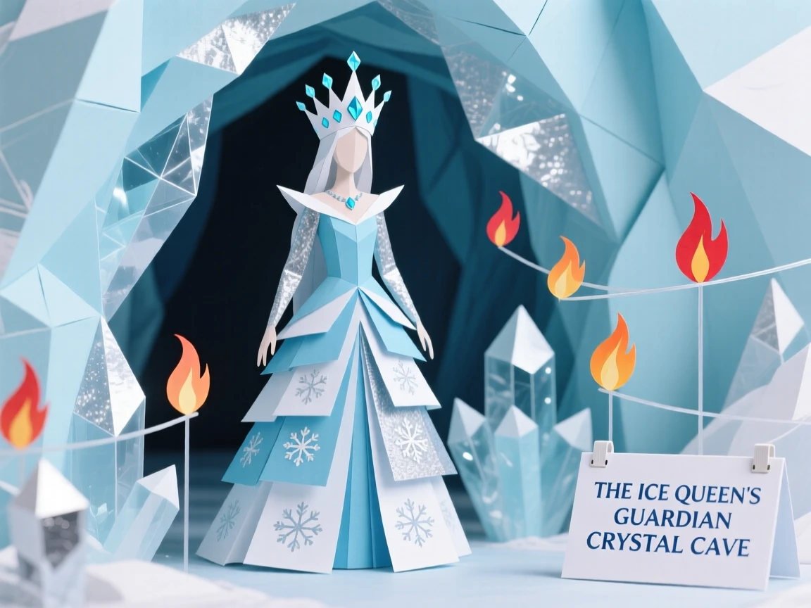 A crowned ice queen guarding a hidden crystal cave, with embers drifting through the air, evoking a sense of legend and myth.