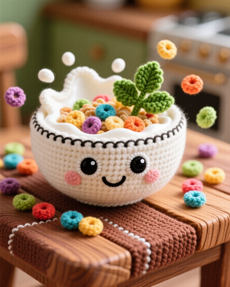 a smiling bowl of cereal character, with milk splashing gently, floating among colorful cereal pieces, displayed in a rustic wooden kitchen table, with a sprig of fresh herbs as garnish, radiating bright, appetizing cheerfulness.