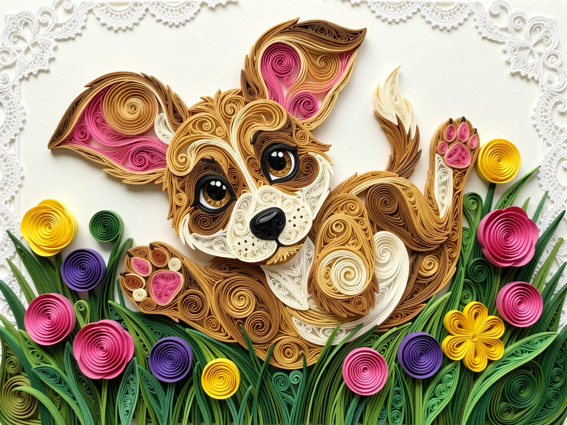 a puppy with oversized ears tumbling over its own paws, in a sunlit meadow scattered with wildflowers, with a shallow sense of depth drawing focus to the eyes, with delicate lace-like texture along the edges.
