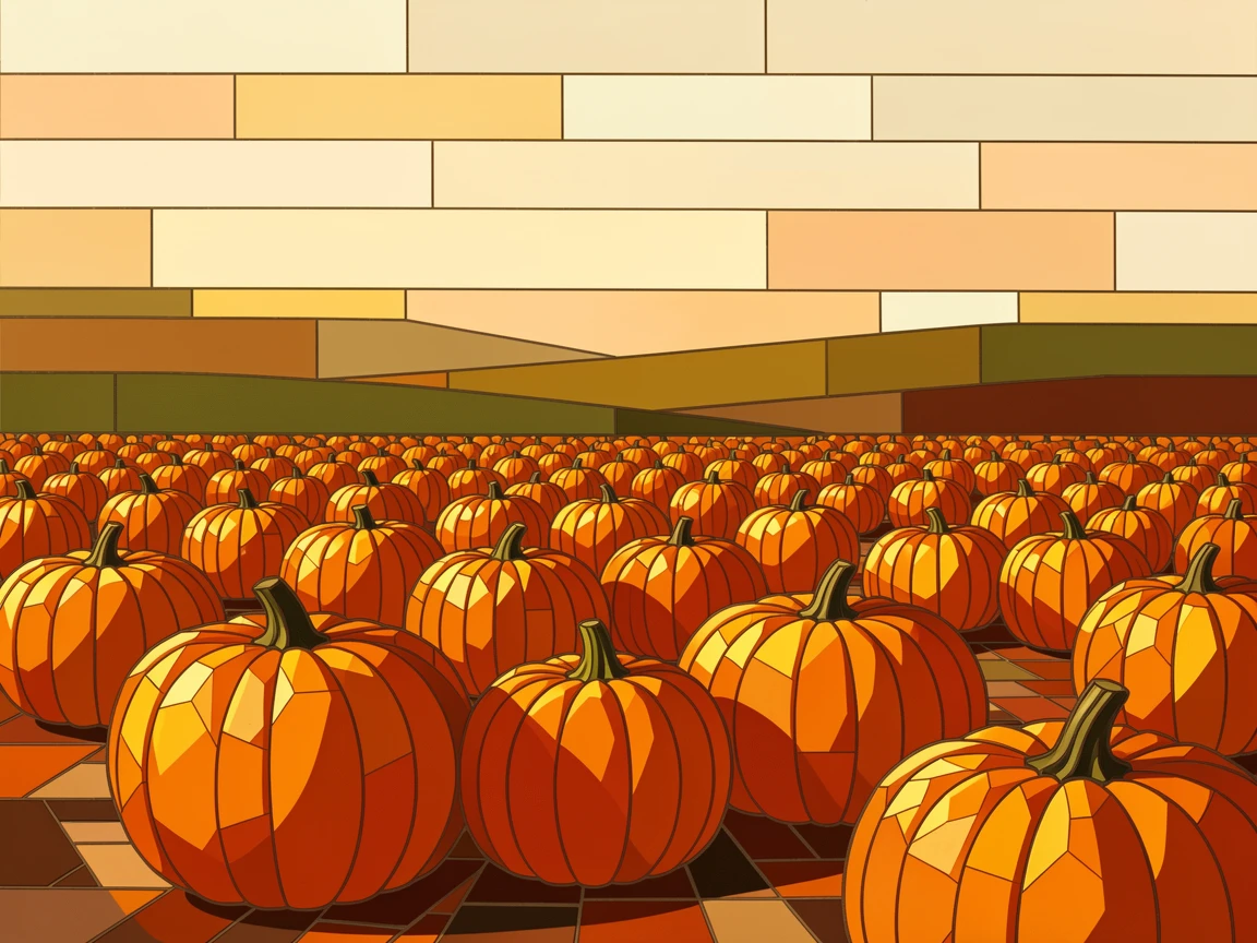 A field of pumpkins glowing orange in warm autumn afternoon light.
