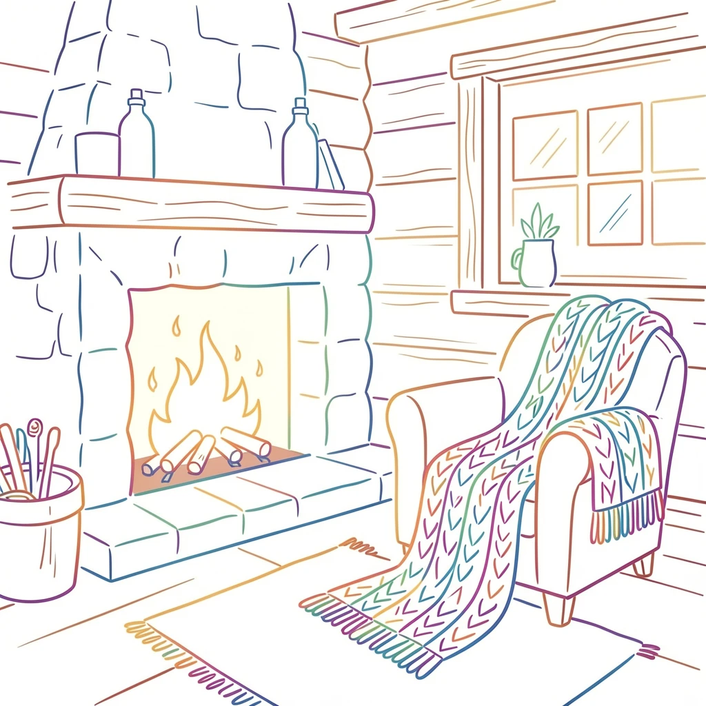 A cozy cabin interior with a crackling fireplace and a knitted throw blanket.