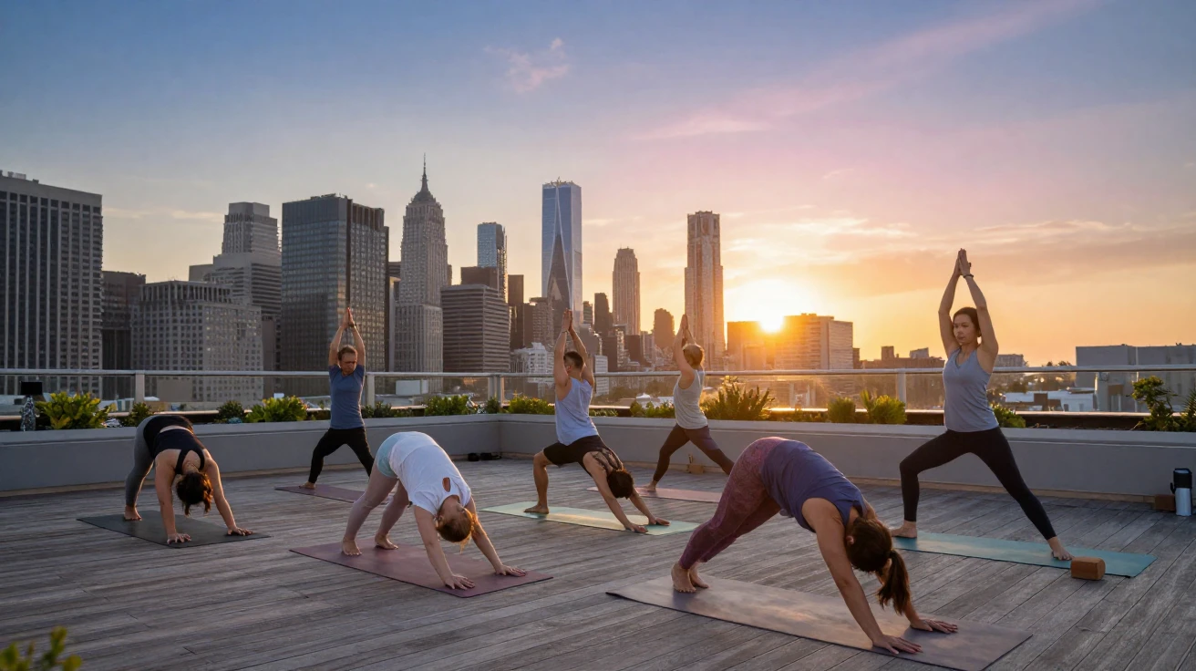 A rooftop yoga session overlooking a sunrise skyline