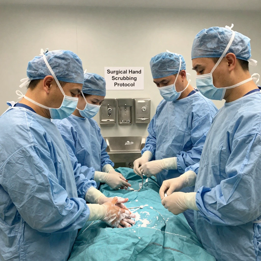 A team of surgeons scrubs in together before an early morning operation.