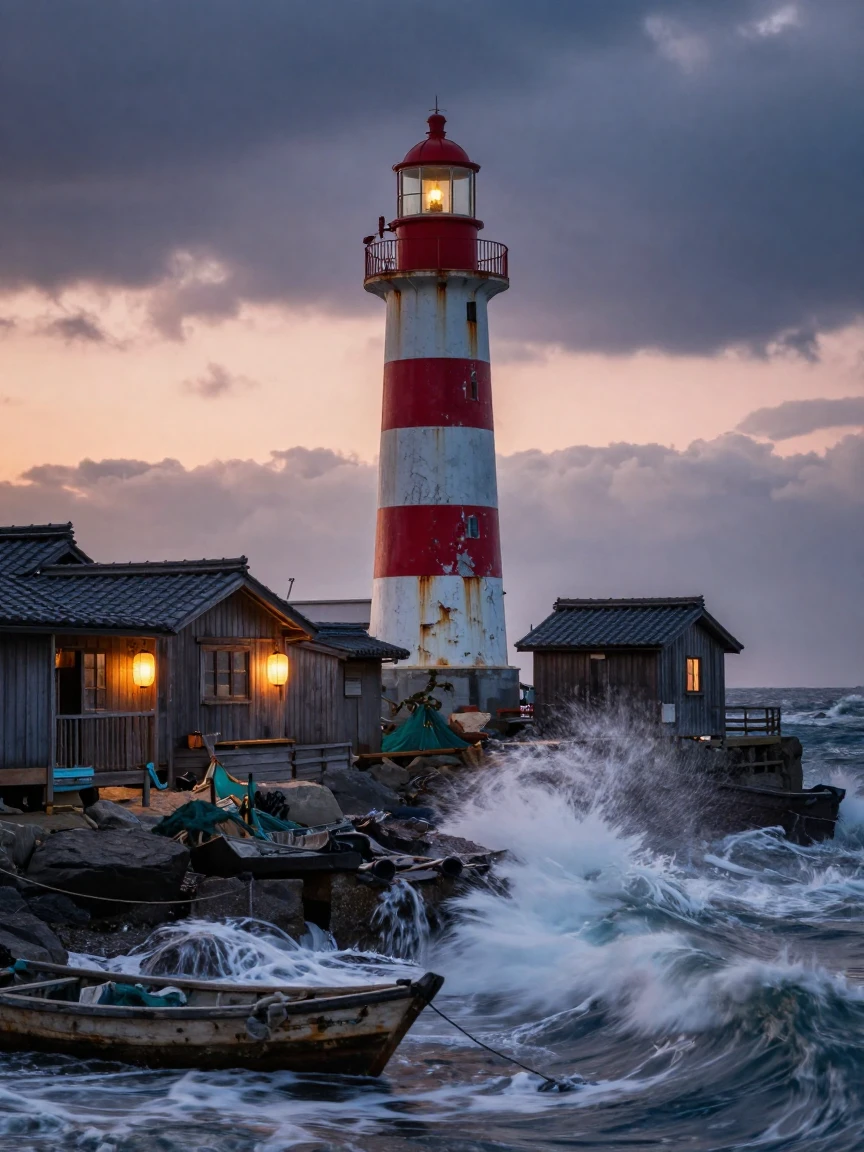 A coastal lighthouse standing against crashing waves standing quietly along the coastline of a Japanese fishing village