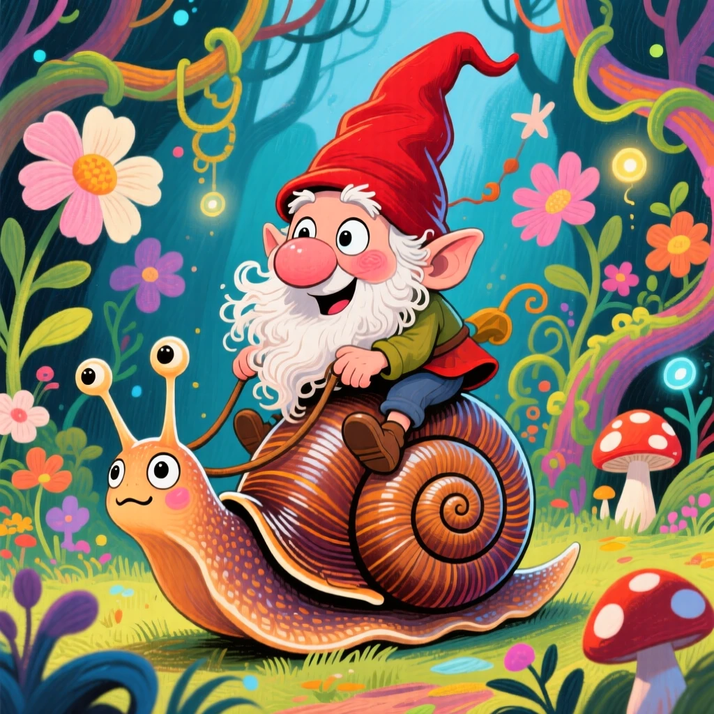 A tiny gnome riding a snail through an oversized magical garden.