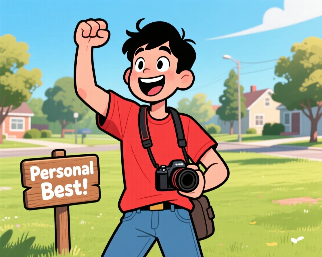 An everyday-life snapshot of a passionate photographer, celebrating a personal best with a fist pump, on a quiet weekend afternoon.