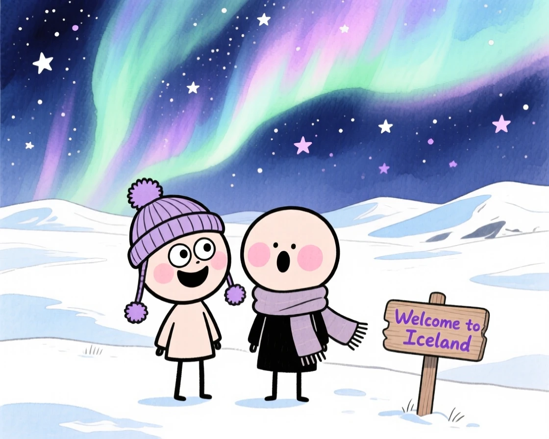 A dreamy travel postcard scene of the Northern Lights over a snowy Icelandic landscape under a starry night sky