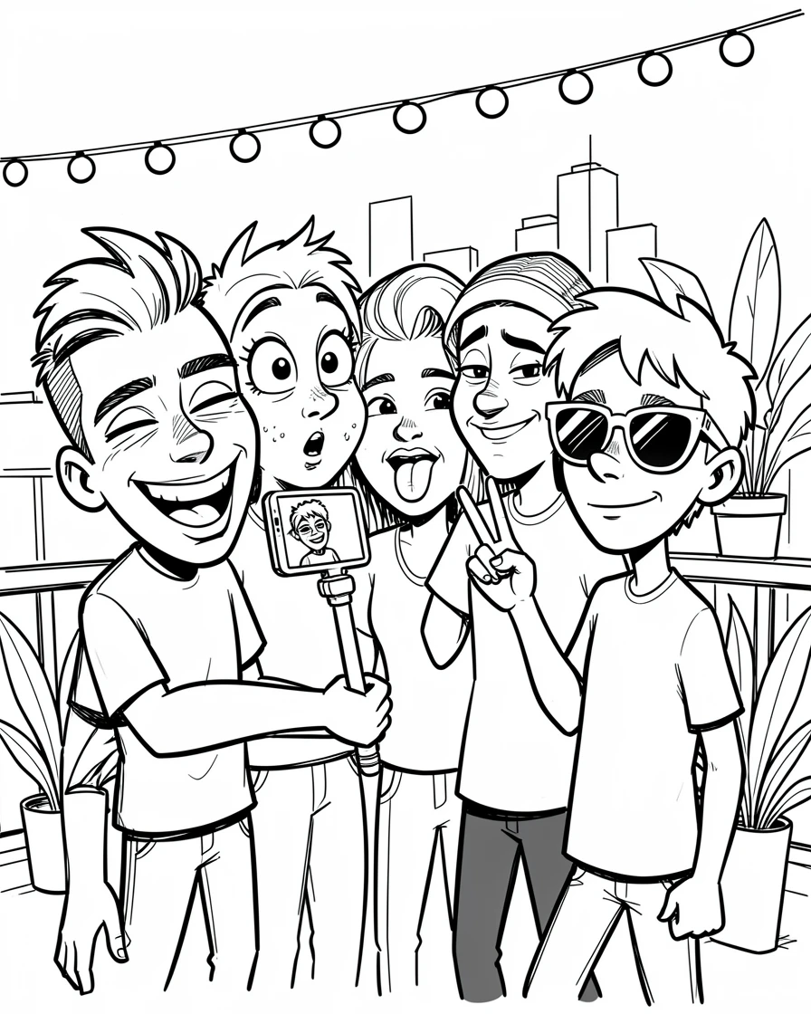 [Trending & Universal Topics] Modern lifestyle scene of a group of friends taking a goofy group photo at a rooftop party, capturing everyday joy