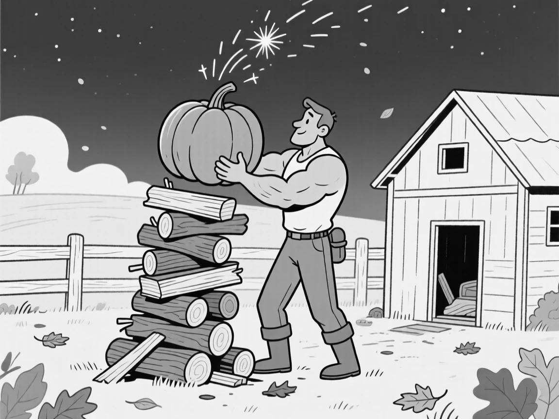 A woodsman stacking a wobbly tower of firewood, struggling to lift the pumpkin with both arms, set in a sunny farmyard coop. Sparks drift upward into the night sky. It captures the quiet wonder of the changing seasons.