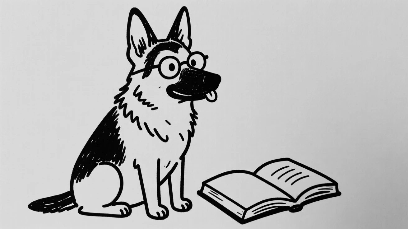 A german shepherd wearing tiny reading glasses, sitting beside an open book.