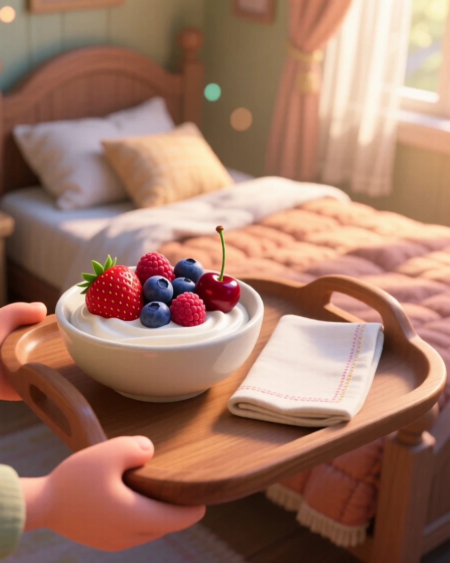 A bowl of fresh mixed berries with cream sits on a tray carried to a cozy bedroom, next to a folded linen napkin. The scene feels inviting, warm, and delicious.