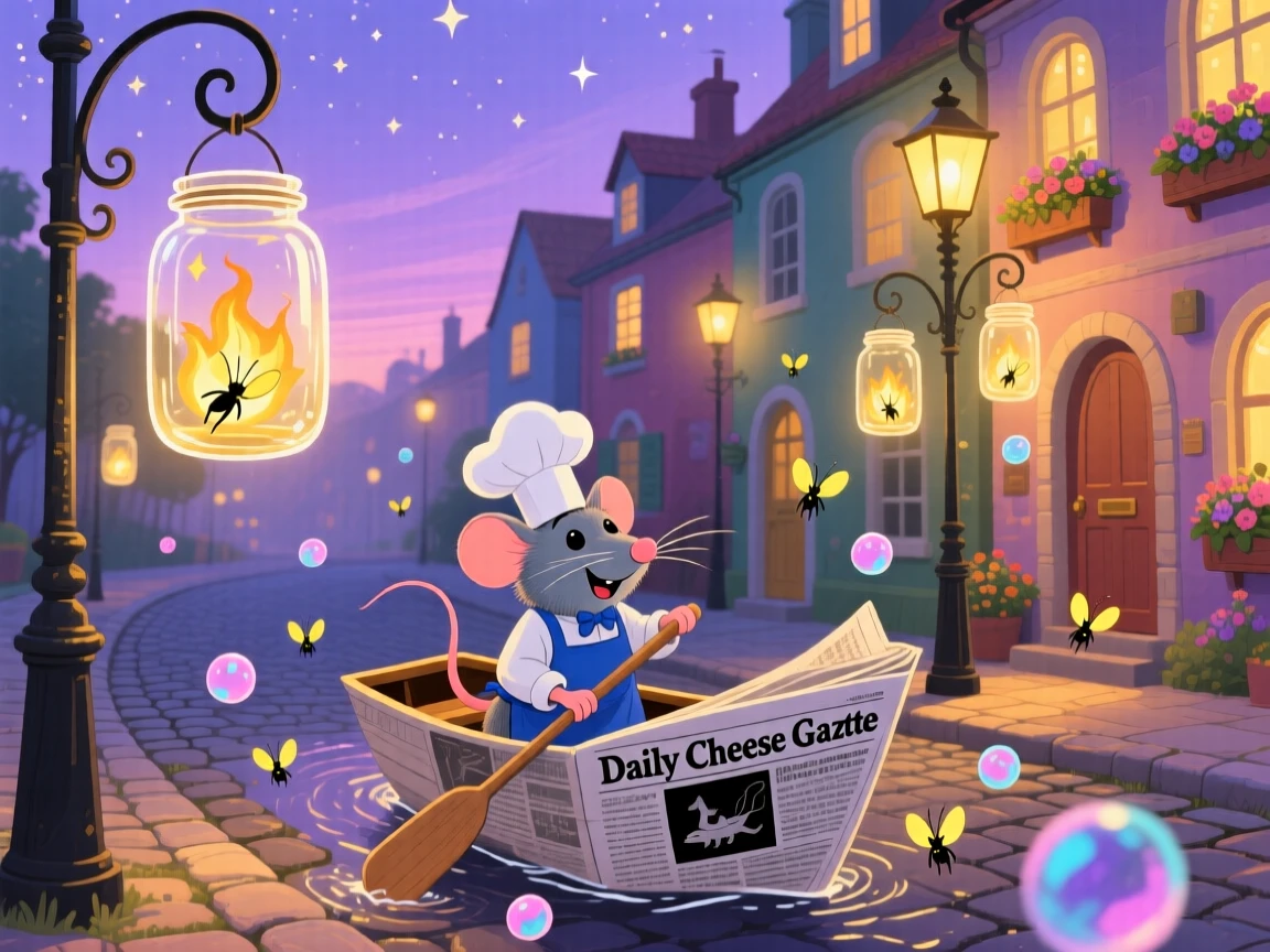 In a town where the streetlights are fireflies in jars, a tiny mouse chef spends the day sailing a boat made from a folded newspaper, as tiny bubbles drift lazily by.