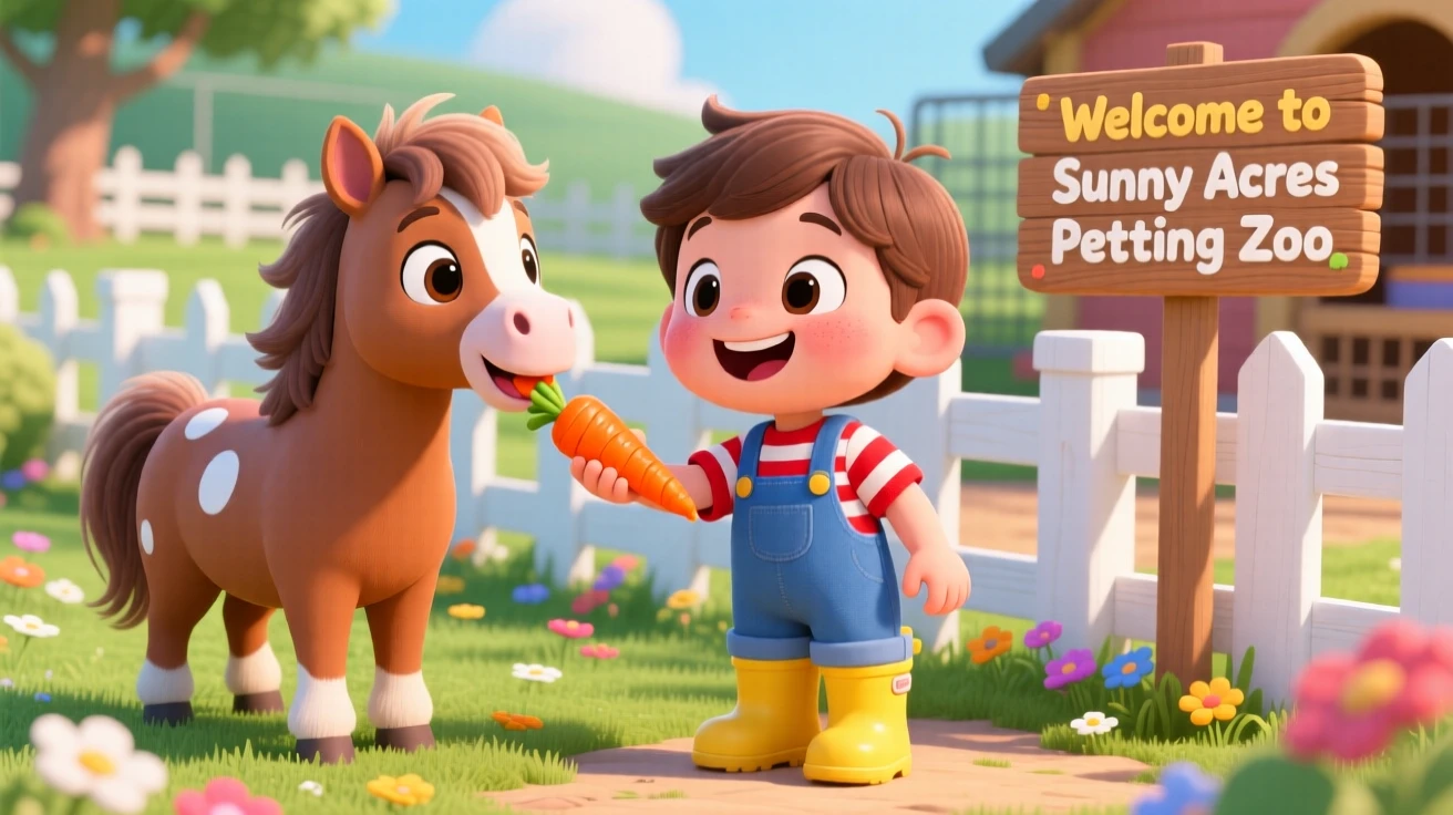 A child feeding carrots to a pony at a small petting zoo.