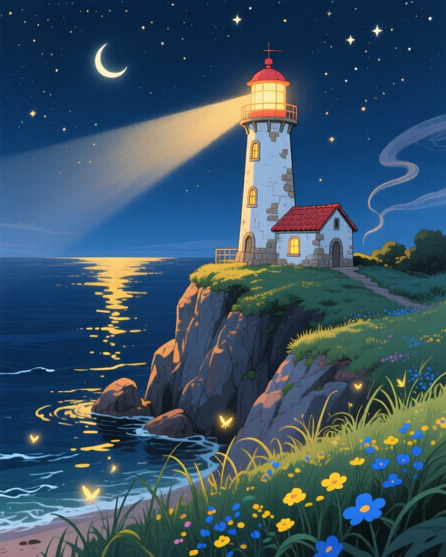 A nighttime scene of a lighthouse beam sweeping across a dark, calm sea, softly glowing with warmth.