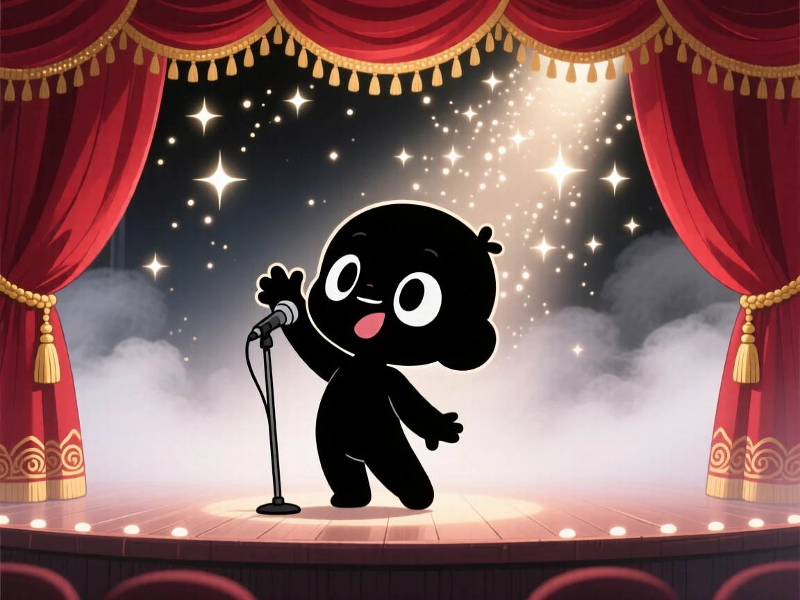 In a grand velvet-curtained stage, a young opera singer is hitting a triumphant high note on a misty foggy morning, bathed in sparkling starlight, expression full of bubbly enthusiasm. Shot as a silhouette composition.