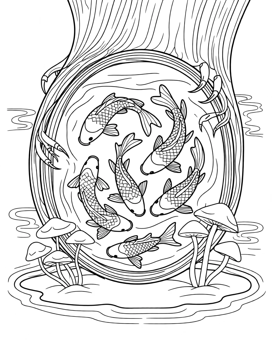 A school of koi fish nestled in a hollow log surrounded by mushrooms, with claws gripping the bark tightly.