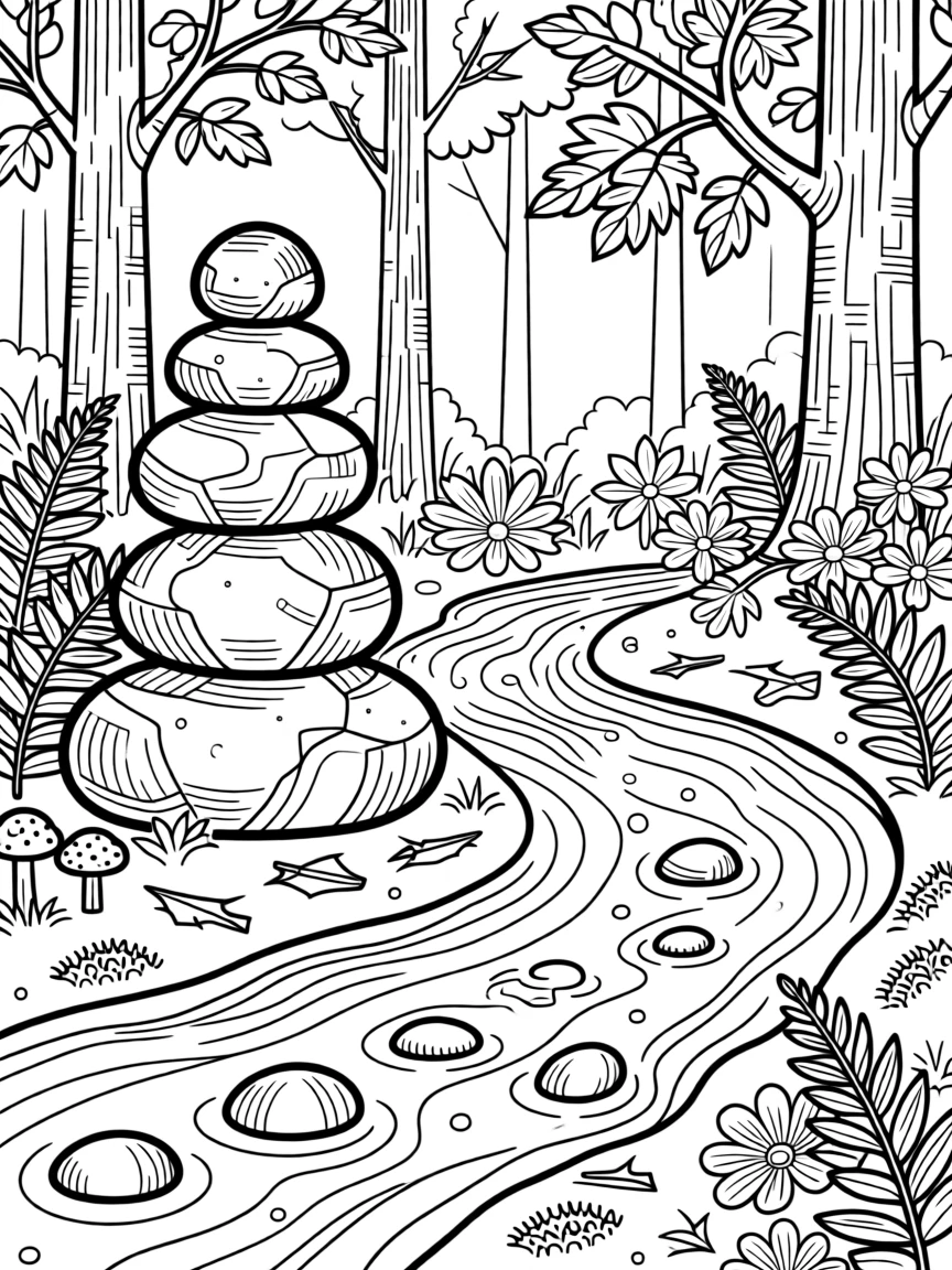 A set of stacked stones balanced beside a trickling forest stream.