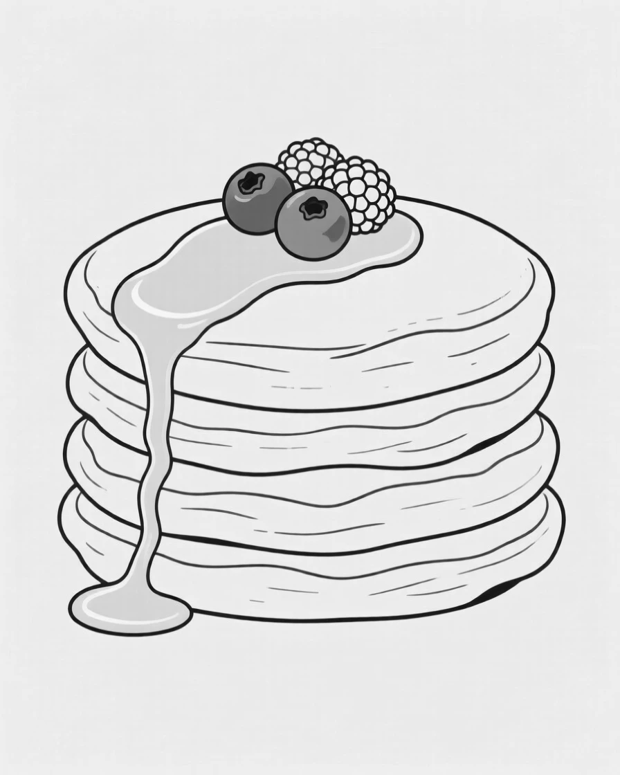 A stack of fluffy pancakes drizzled with syrup and topped with berries