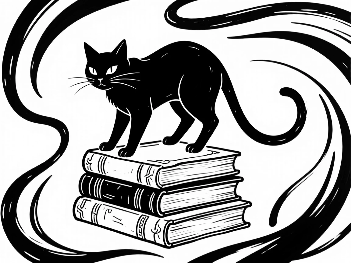 A witch's black cat perched on a stack of ancient spellbooks, eyes glowing.